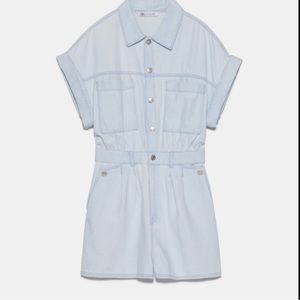 Zara Denim Shorts Jumpsuit With Pockets